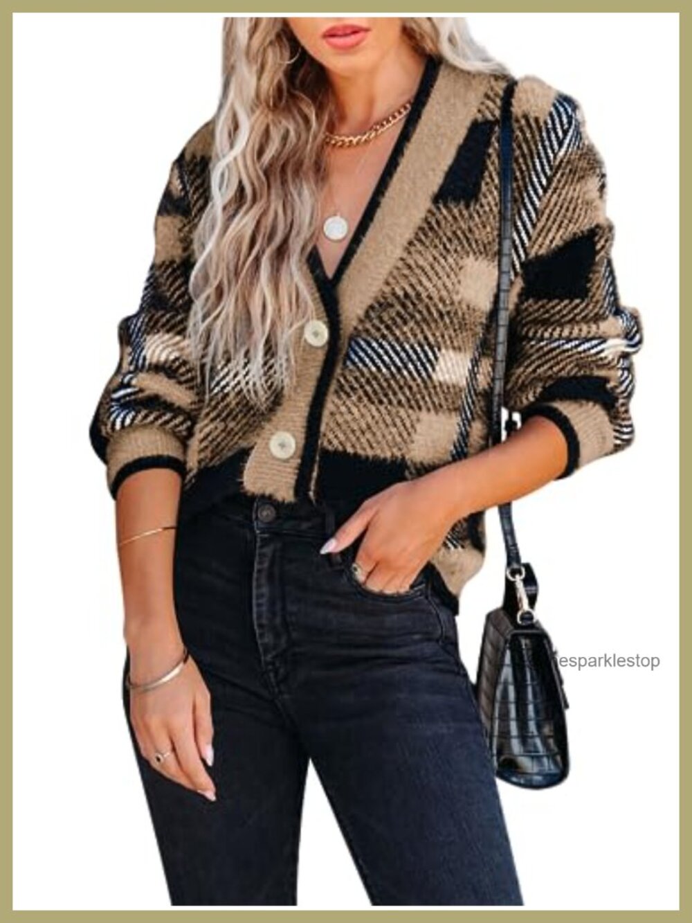 Womens Plaid Fuzzy Knit Cardigan V Neck Button Down Long Sleeve Cozy Sweater